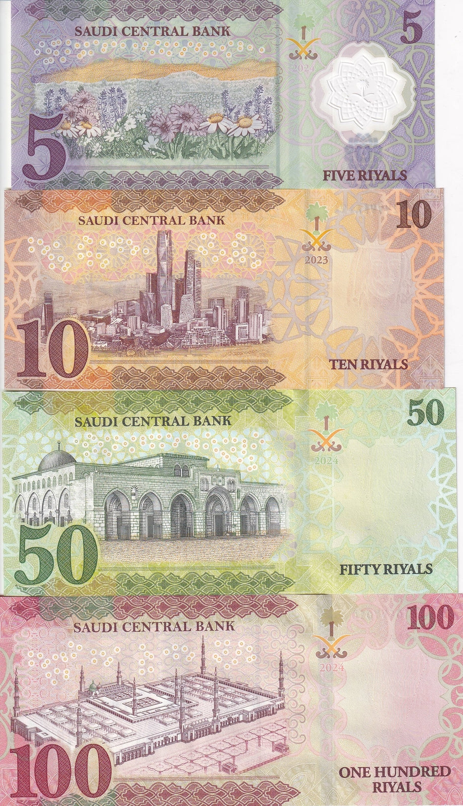 Saudi Arabia Set 4 Pcs 5 10 50 100 Riyals 2021 - 2024 P 46 P 47 P 48 P 49 UNC
