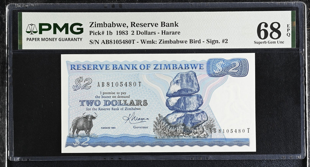 Zimbabwe 2 Dollars 1983 P 1 b Superb Gem UNC PMG 68 EPQ