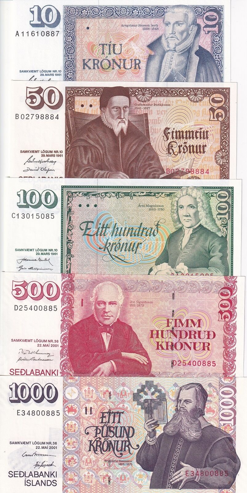 Iceland SET 5 UNC 10 50 100 500 1000 Kronur 1961-2001 P 48 49 50 58 59 UNC
