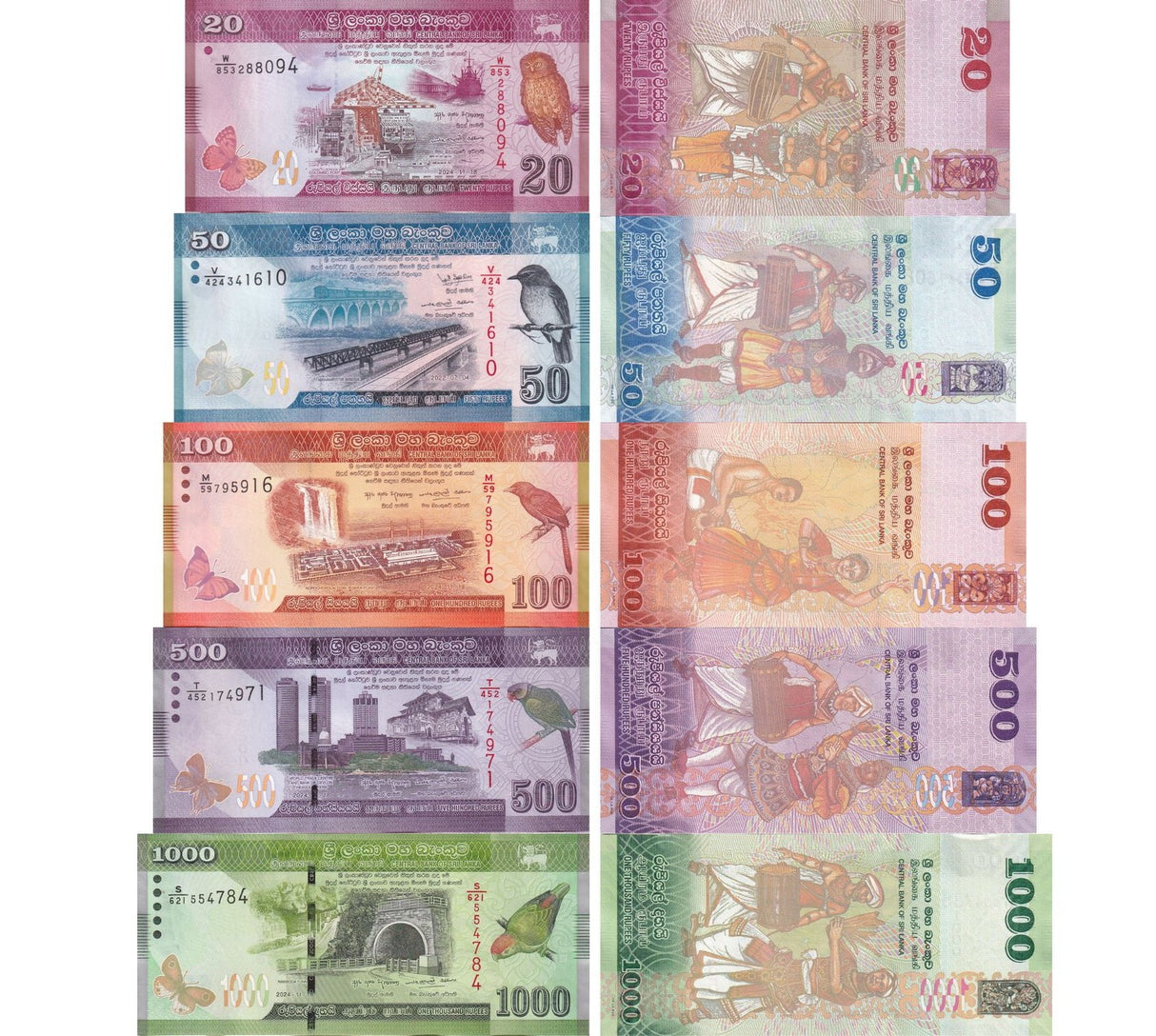 Sri Lanka Set 5 UNC 20 50 100 500 1000 Rupees 2022-2024 Dvithva Liya Vela issue 2026