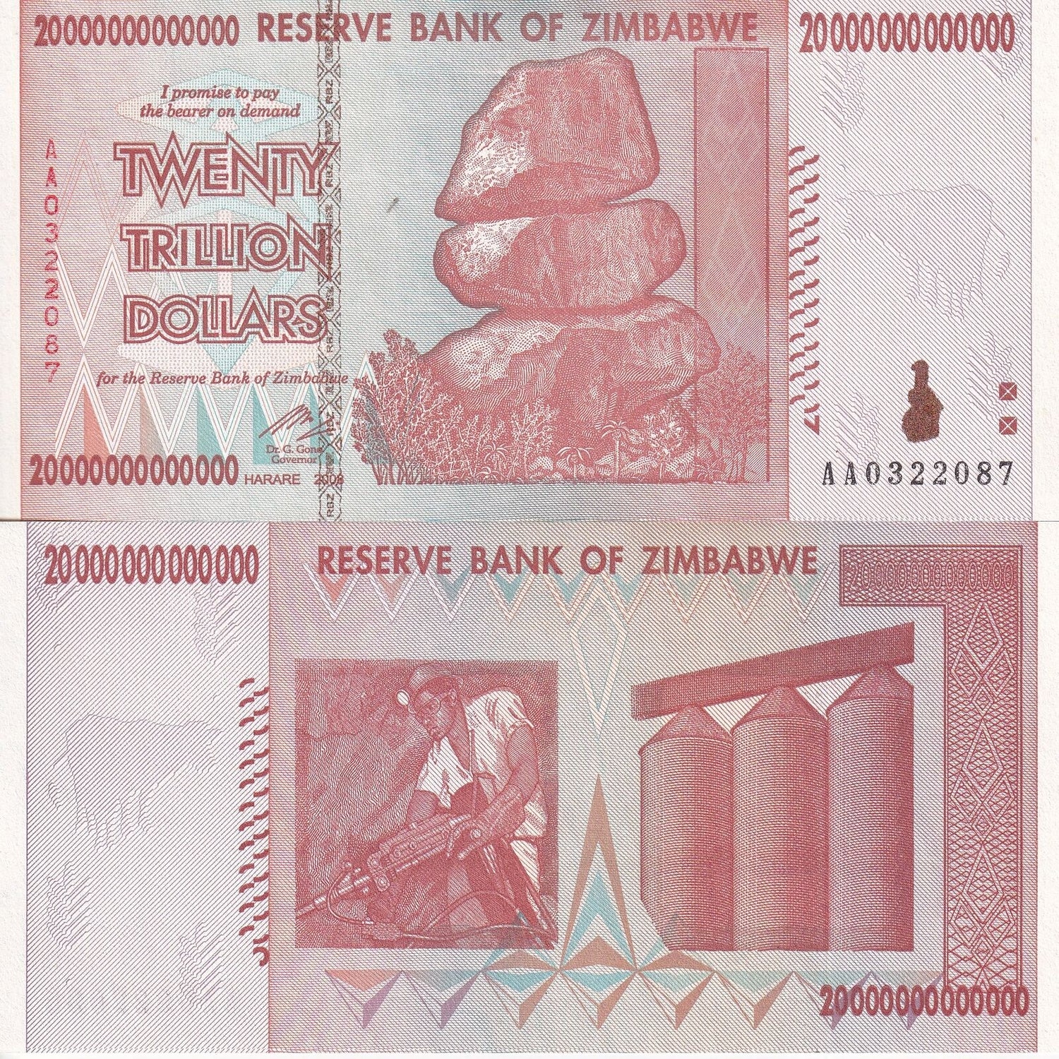 Zimbabwe 20 Trillion Dollars 2008 P 89 AUnc