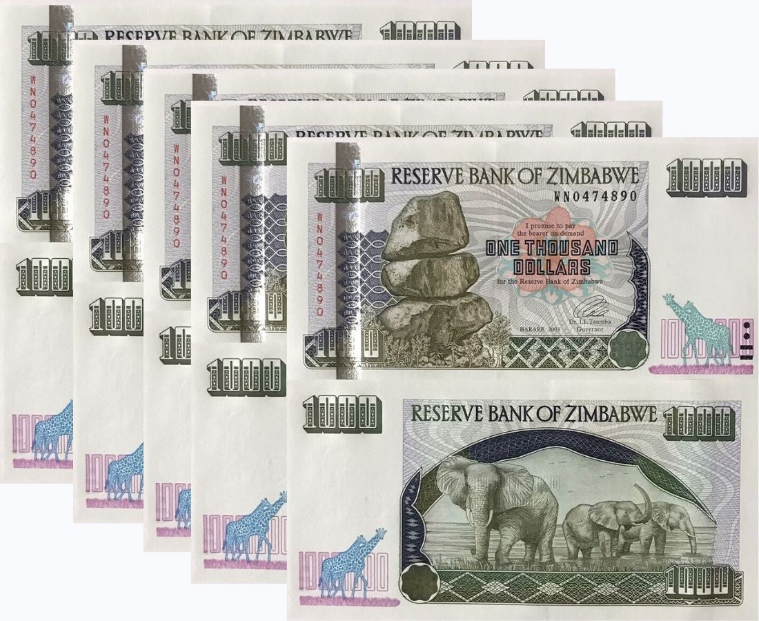 Zimbabwe 1000 Dollars 2003 P 12 b Small Digits UNC LOT 5 PCS