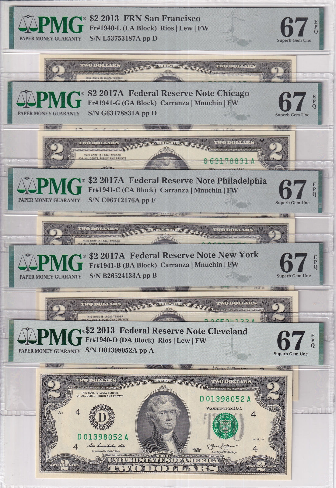 United States SET 5 ,2 Dollars USA FRN Mixed State Superb Gem UNC PMG 67 EPQ