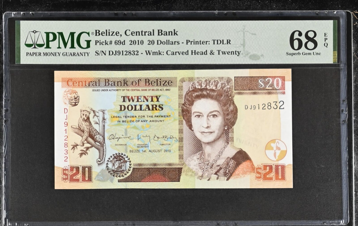 Belize 20 Dollars 2010 P 69 d Superb Gem UNC PMG 68 EPQ TOP POP