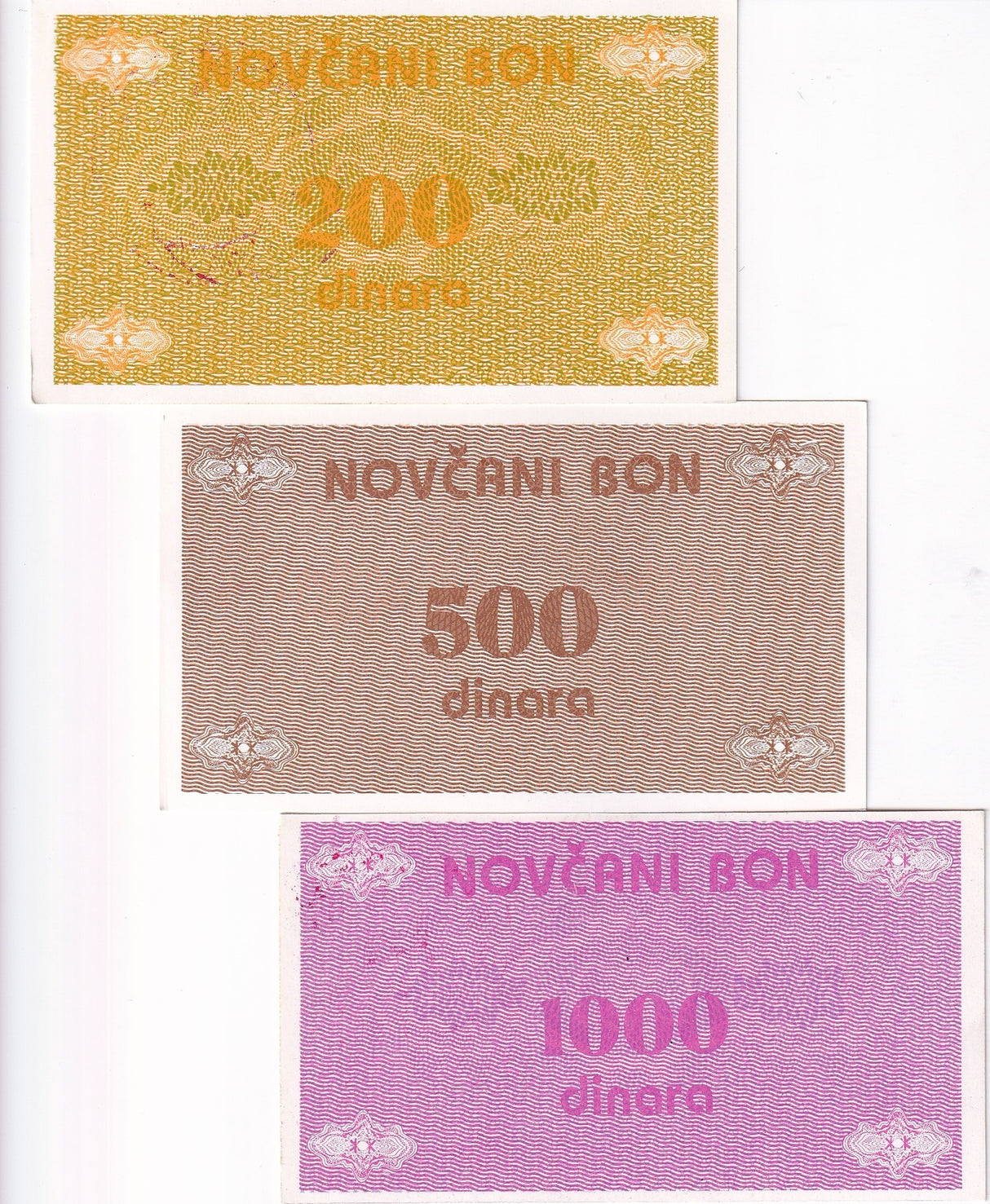 Bosnia & Herzegovina Set 3 Pcs 200 500 1000 Dinara ND 1992 P 48 49 50 UNC