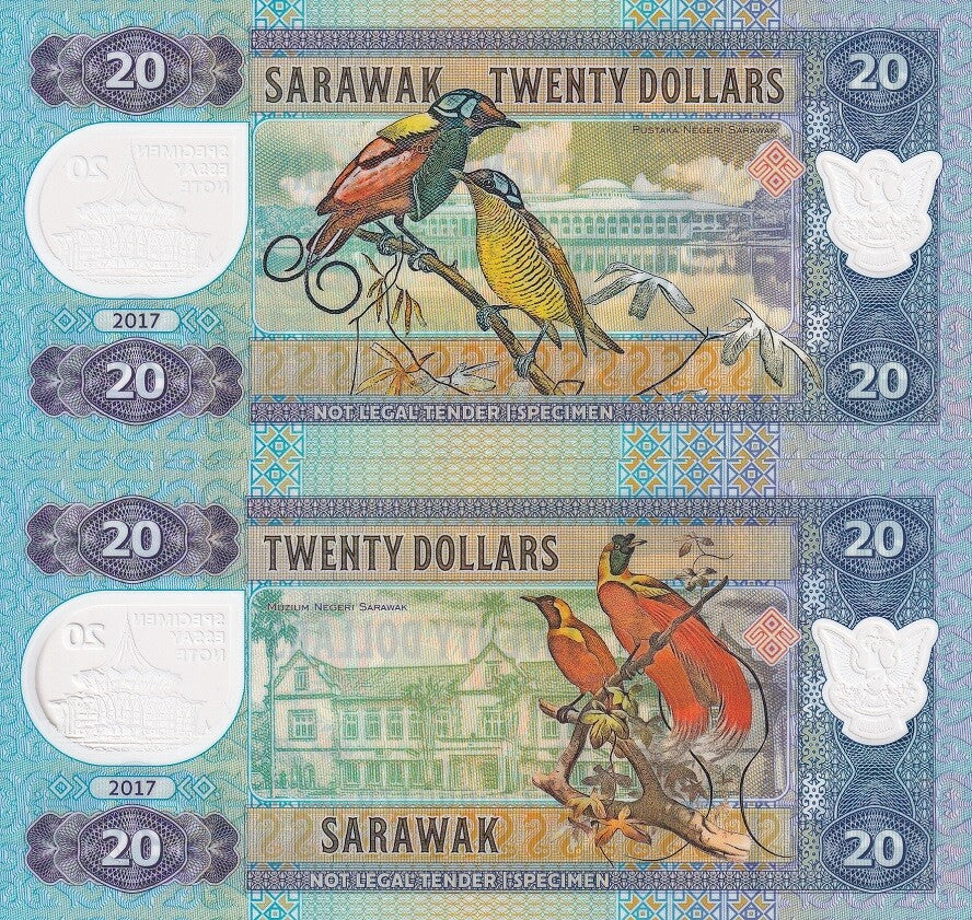 Sarawak Set 2 PCS 20 Dollars 2017 Malaysia Polymer Birds Fantasy