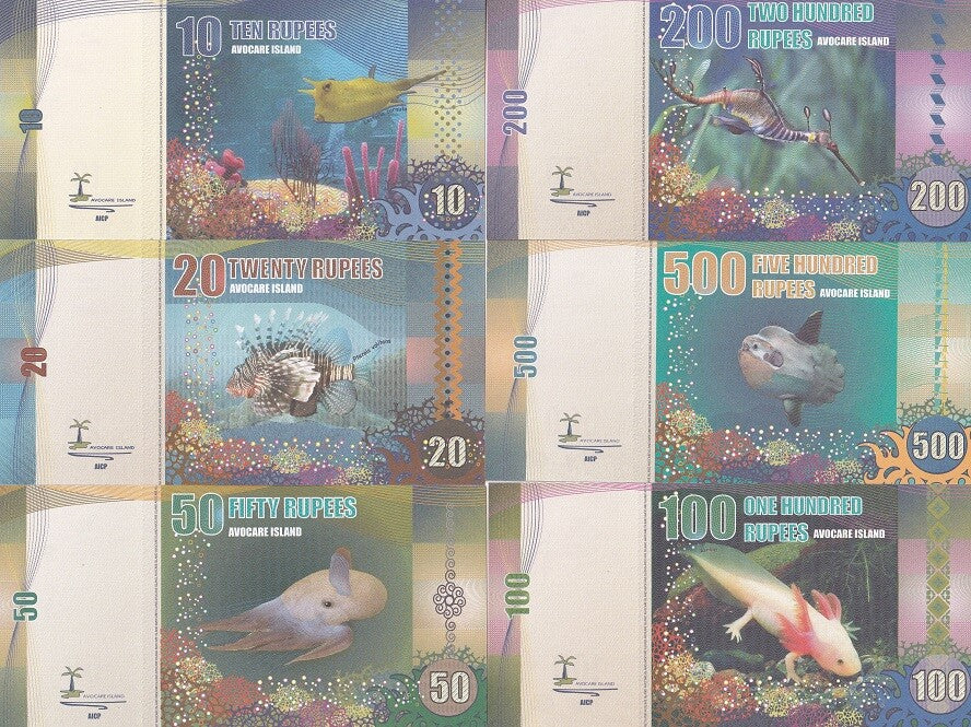 Avocare Island Set 6 10 20 50 100 - 500 Rupees Pterois Lactoria Axolotl Fantasy