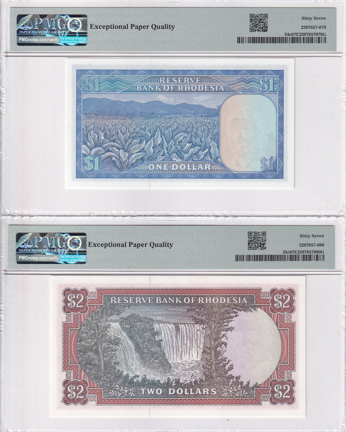 Rhodesia Set 2; 1 2 Dollars 1977 1978 P 34 P 35 Superb Gem UNC PMG 67 EPQ