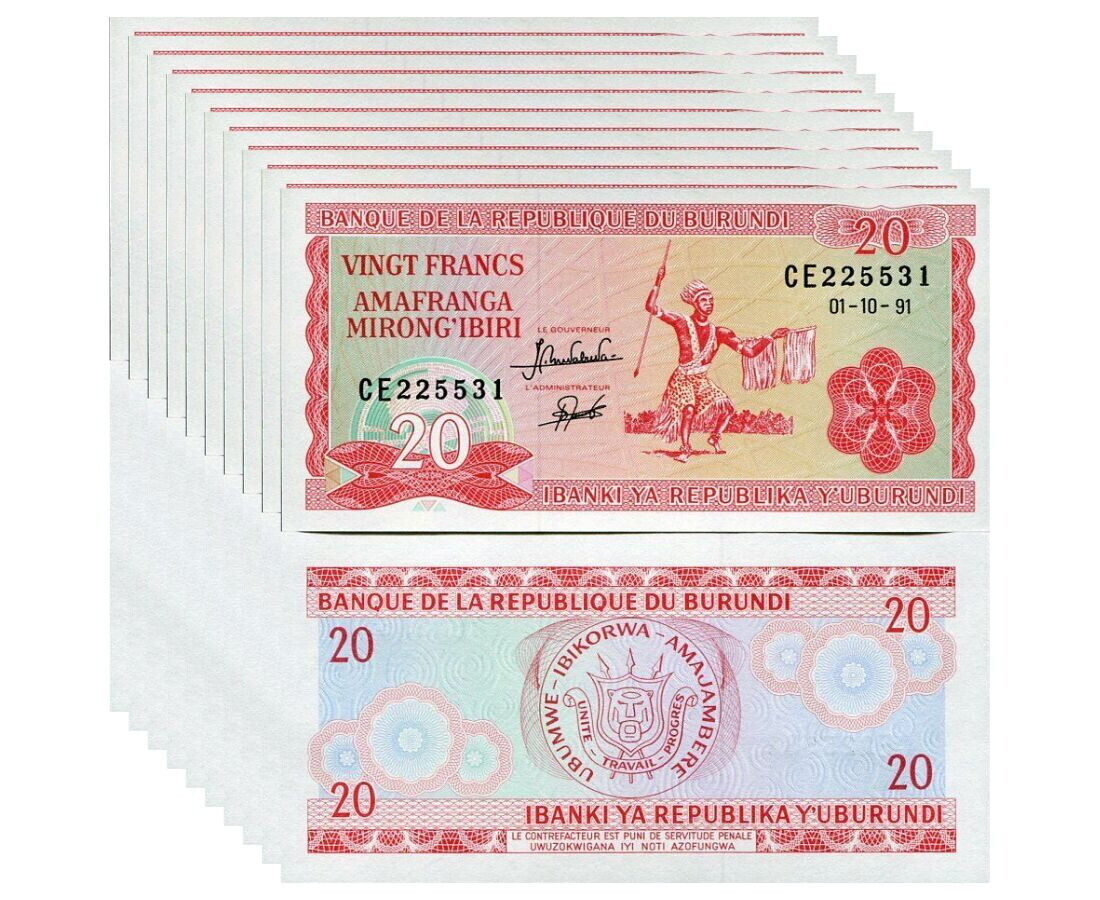 BURUNDI 20 FRANCS 1991 P 27 UNC LOT 10 PCS