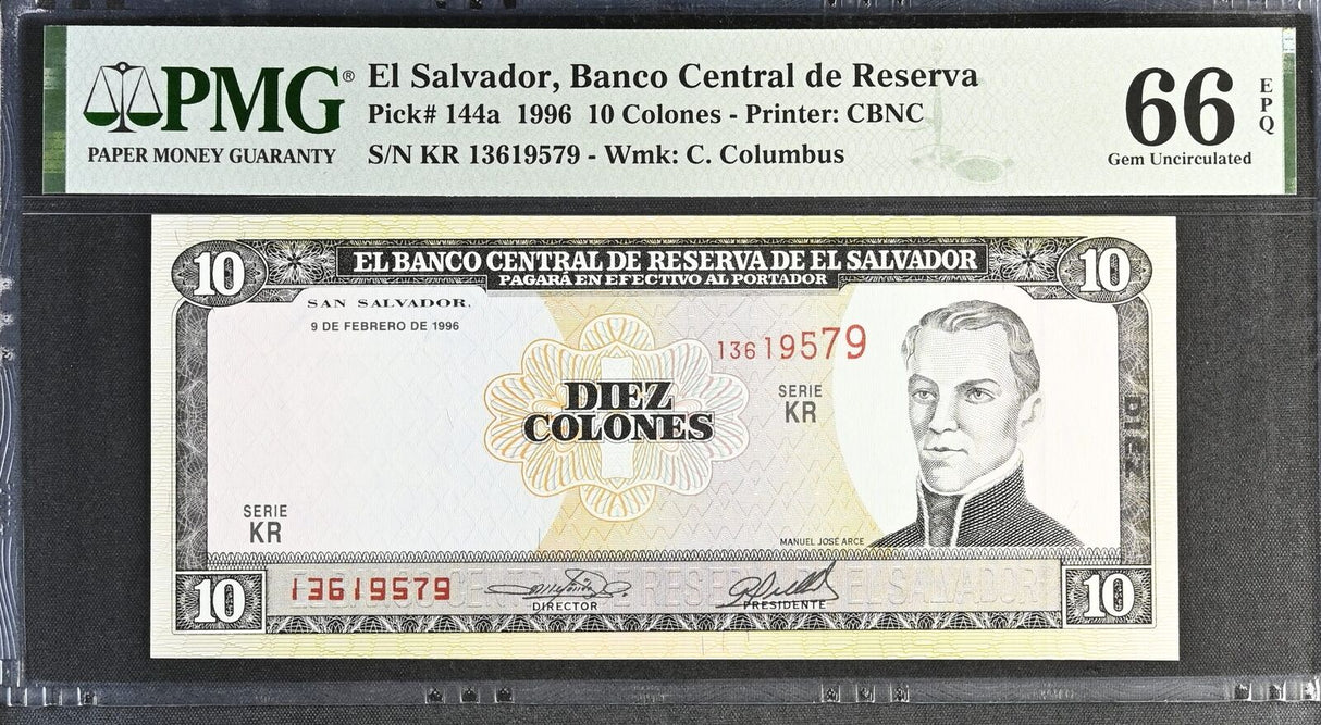 El Salvador 10 Colones 1996 P 144 a Gem UNC PMG 66 EPQ