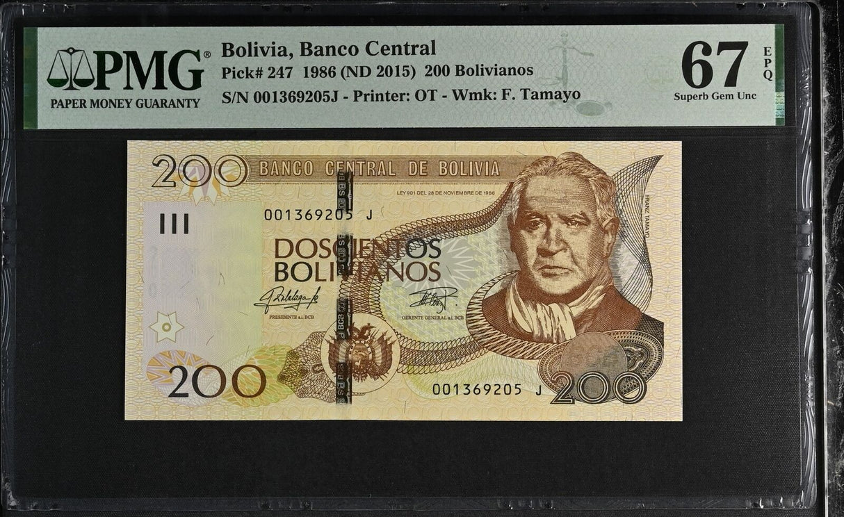 Bolivia 200 Bolivianos 1986 ND 2015 P 247 Superb Gem UNC PMG 67 EPQ