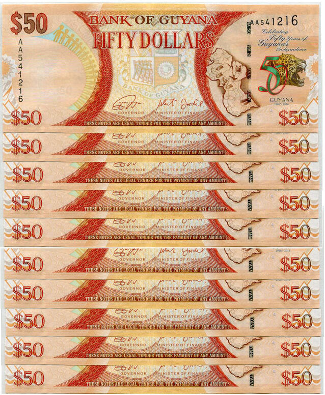 Guyana 50 Dollars ND 2016 P 41 Commemorative UNC LOT 10 Pcs 1/10 Bundle