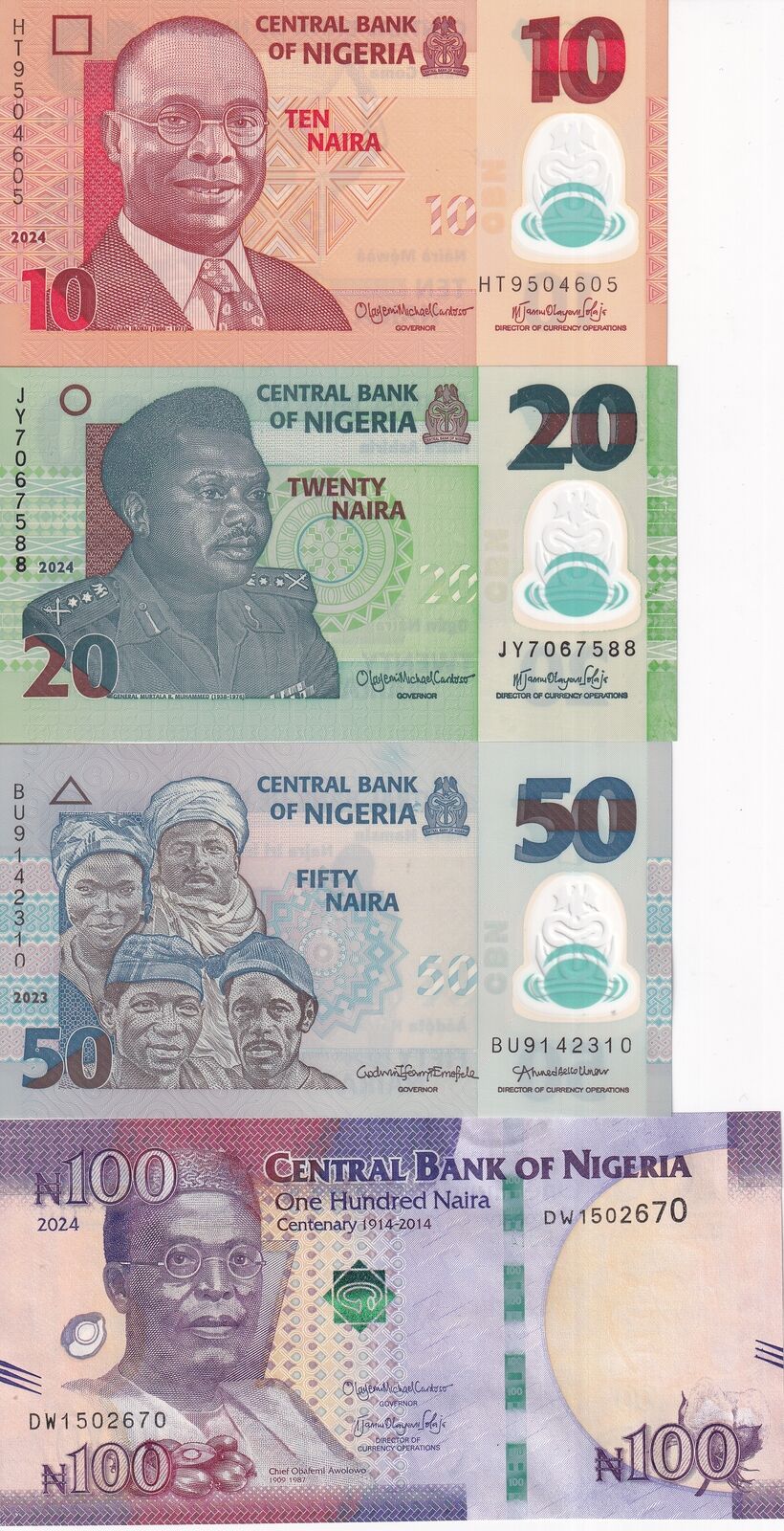 Nigeria Set 4 Pcs 10 20 50 100 Naira 2023 2024 Polymer P 34 40 41 P New UNC