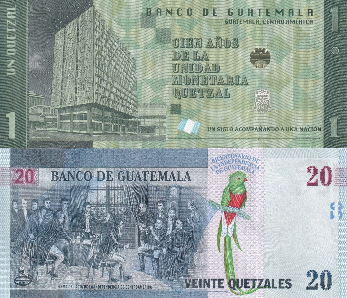 Guatemala Set 2 PCS 1 20 Quetzales 2020 2023 Comm. P 128 P 129 UNC