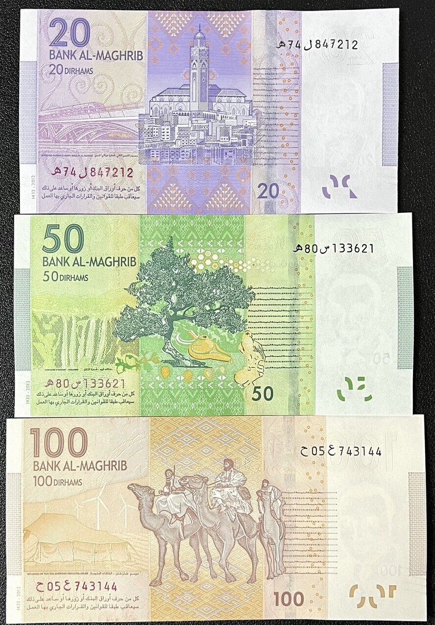 Morocco Set 3 PCS 20 50 100 Dirhams 2012 P 74 P 75 P 76 UNC