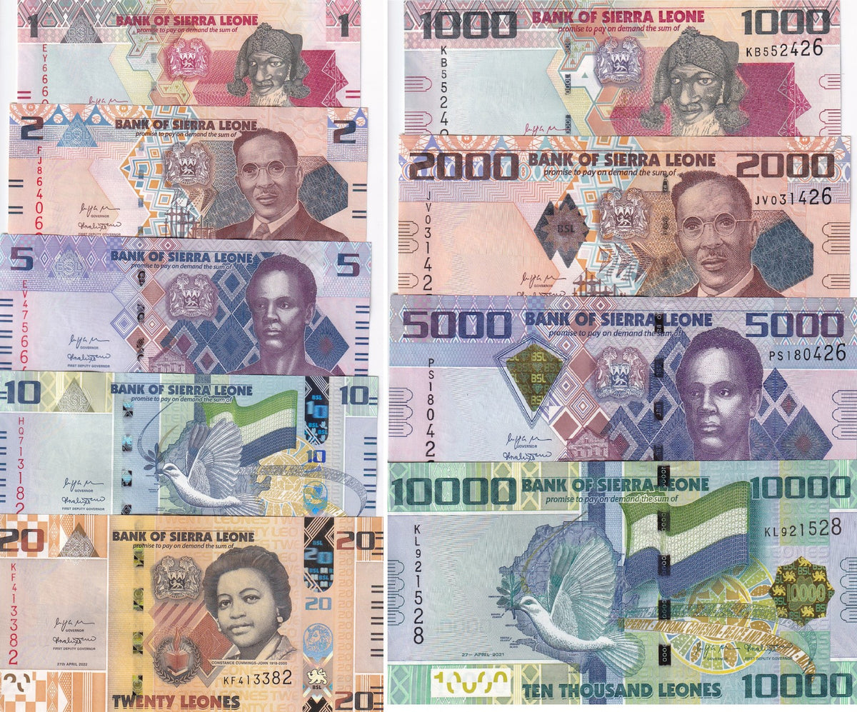 Sierra Leone Set 9 UNC 1 2 5 10 20 1000 2000 5000 10000 Leones 2020-2022 P 30-38
