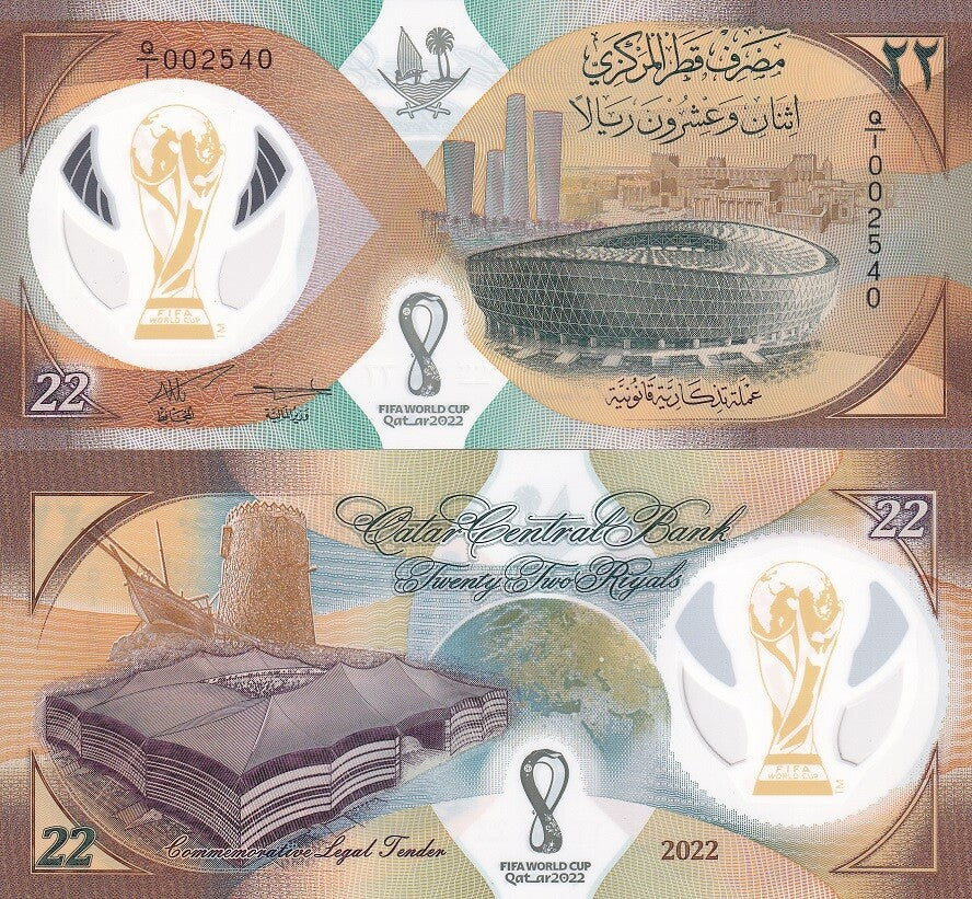 Qatar 22 Riyals 2022 FIFA World Cup Soccer Polymer First Prefix Q/1 P 39 UNC