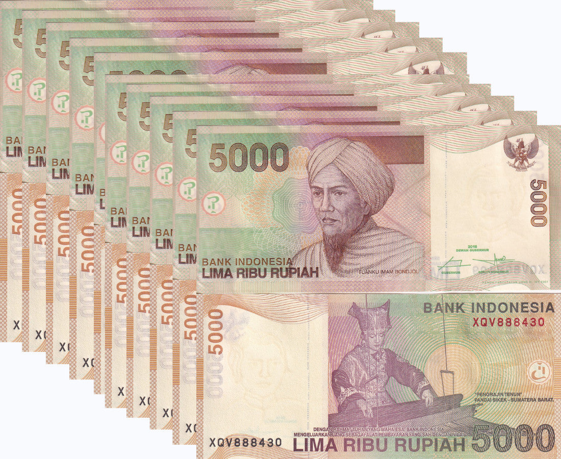 Indonesia 5000 Rupiah 2001/2016 P 142 p UNC LOT 10 Pcs