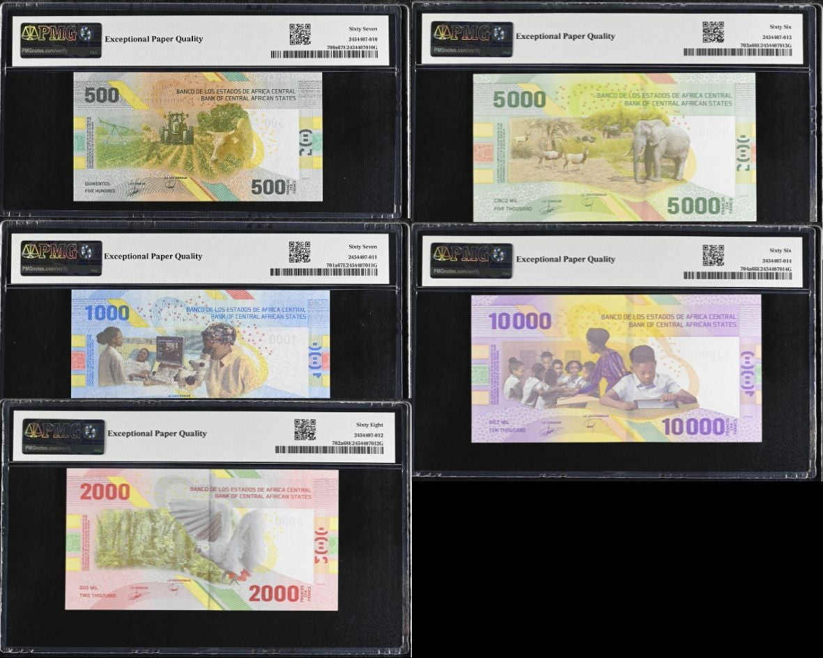 Central African States Set 5; 500-10000 Fr.2022 P 704 Gem UNC PMG 66 67 68 EPQ