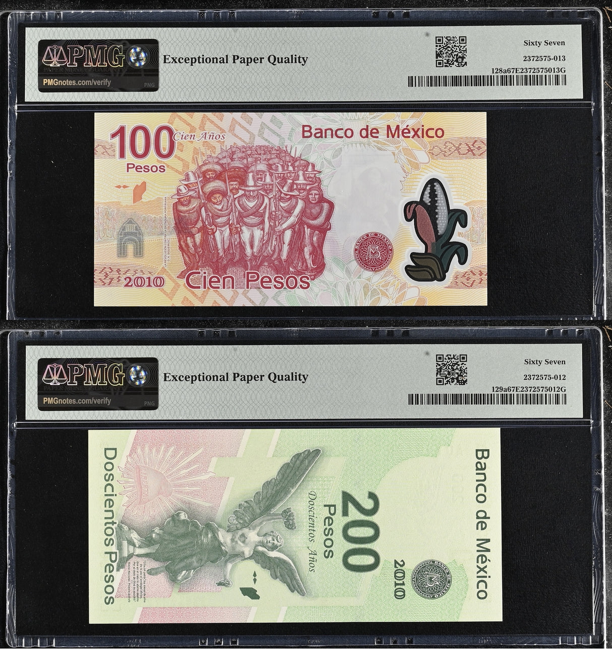 Mexico SET 2 200 Pesos 2008/2010 Comm. P 128 129 AA Superb Gem UNC PMG 67 EPQ