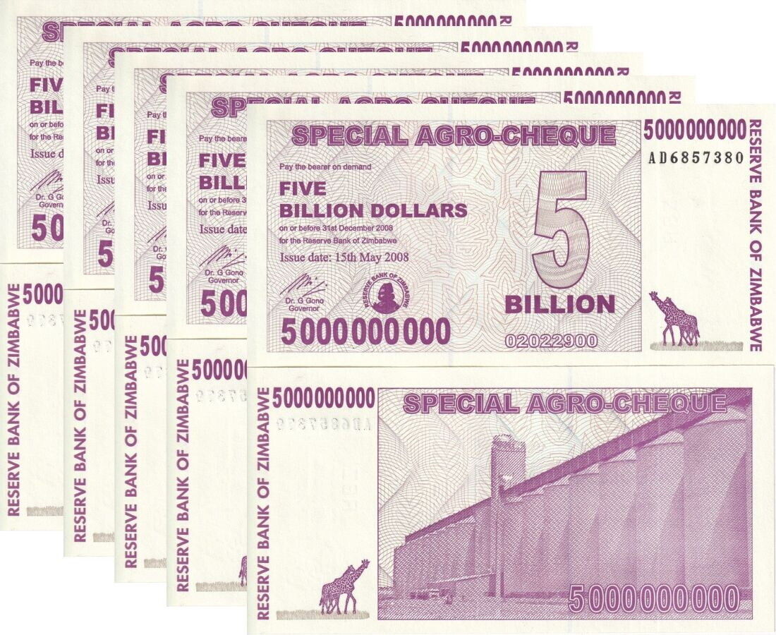 Zimbabwe 5 Billion Dollars 2008 P 61 UNC LOT 5 PCS