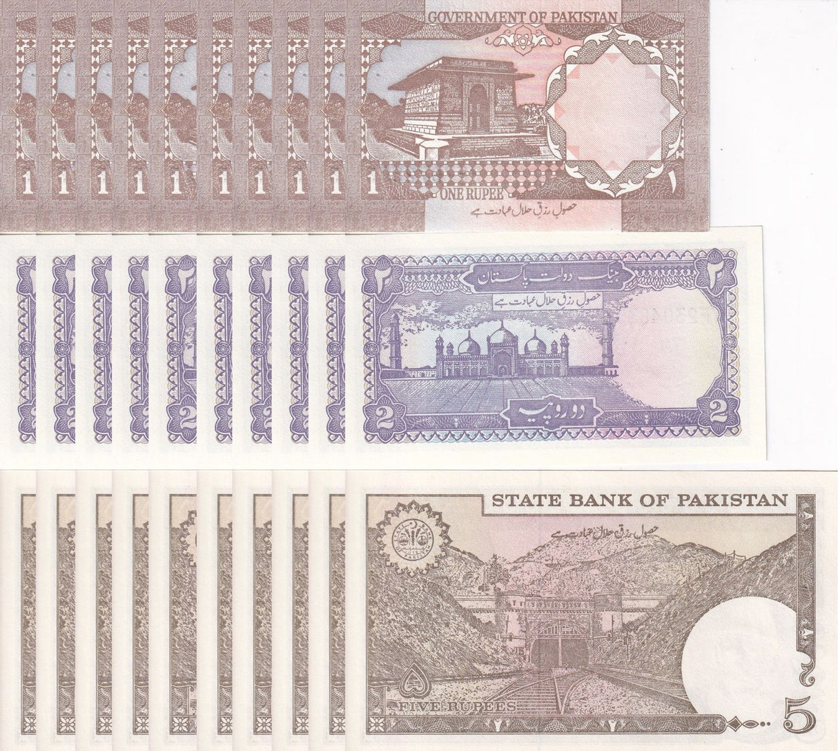 Pakistan Set 3 x Lot 10 = 30 UNC 1 2 5 Rupees Random Years P 27 37 38 W/H
