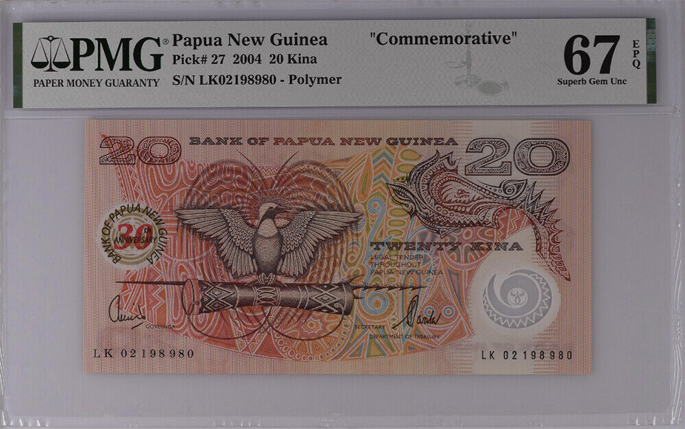 Papua New Guinea 20 Kina 30th Comm. Polymer 2004 P 27 Superb Gem UNC PMG 67 EPQ