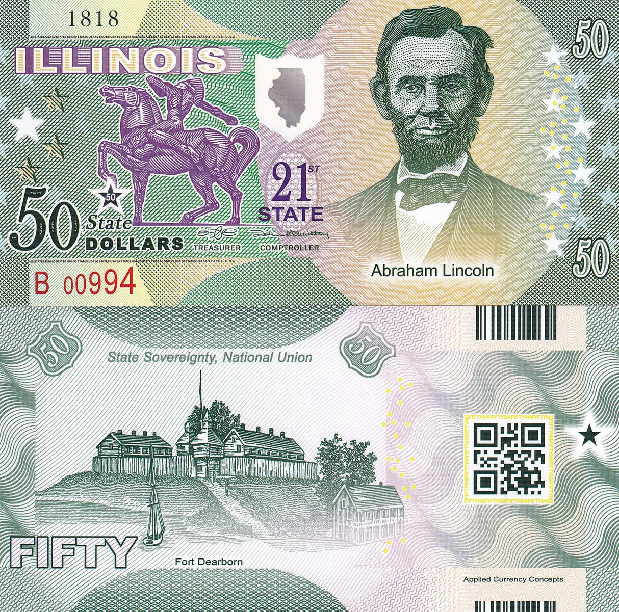 USA ILLINOIS 50 DOLLARS 2016 STATE 21st Abraham Lincoln POLYMER