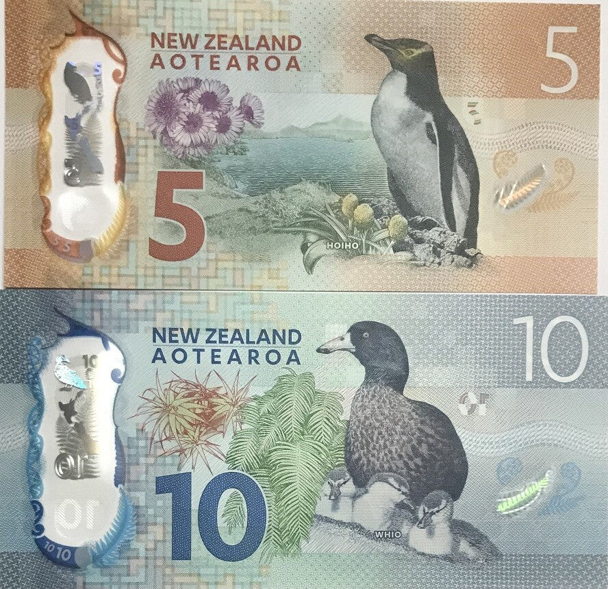 New Zealand Set 2 Pcs 5 10 Dollars 2015 P 191 P 192 UNC, Penguin, Blue Duck