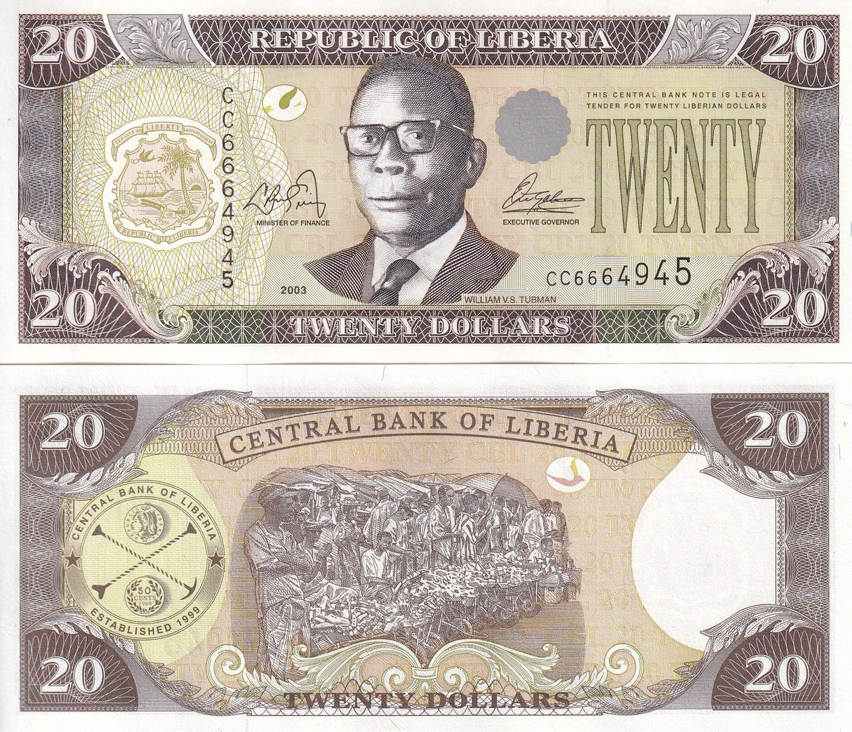 Liberia 20 Dollars 2003 P 28 a UNC