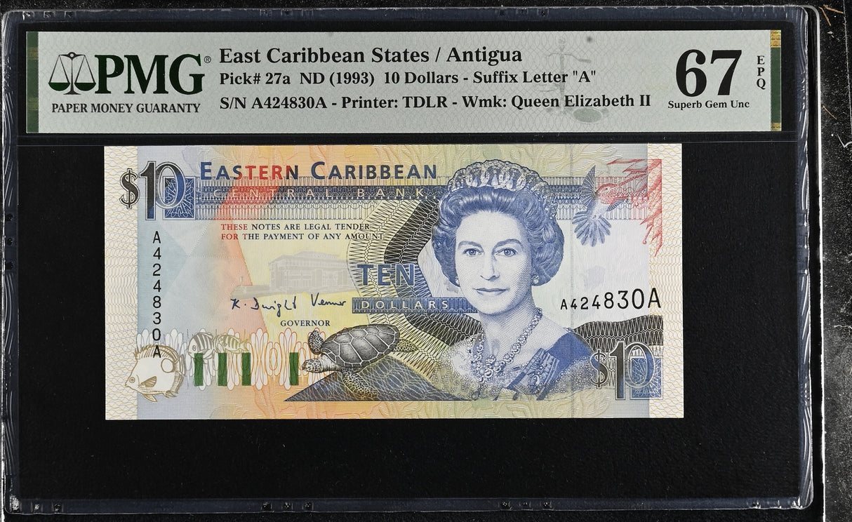 East Caribbean 10 Dollars ND 1993 P 27 a Lucia Superb Gem UNC PMG 67 EPQ