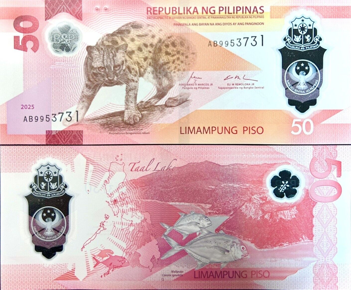 Philippines SET 2 UNC 50 100 Piso 2025/2024 Leopard Peacock Polymer P 237 238