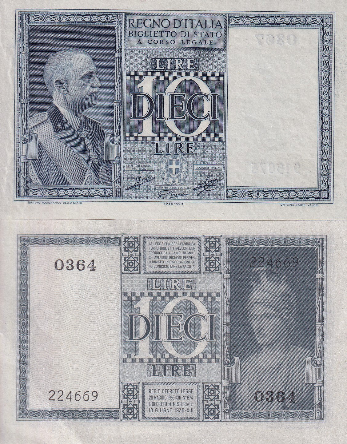 Italy 10 Lire 1939 P 25 c AUnc