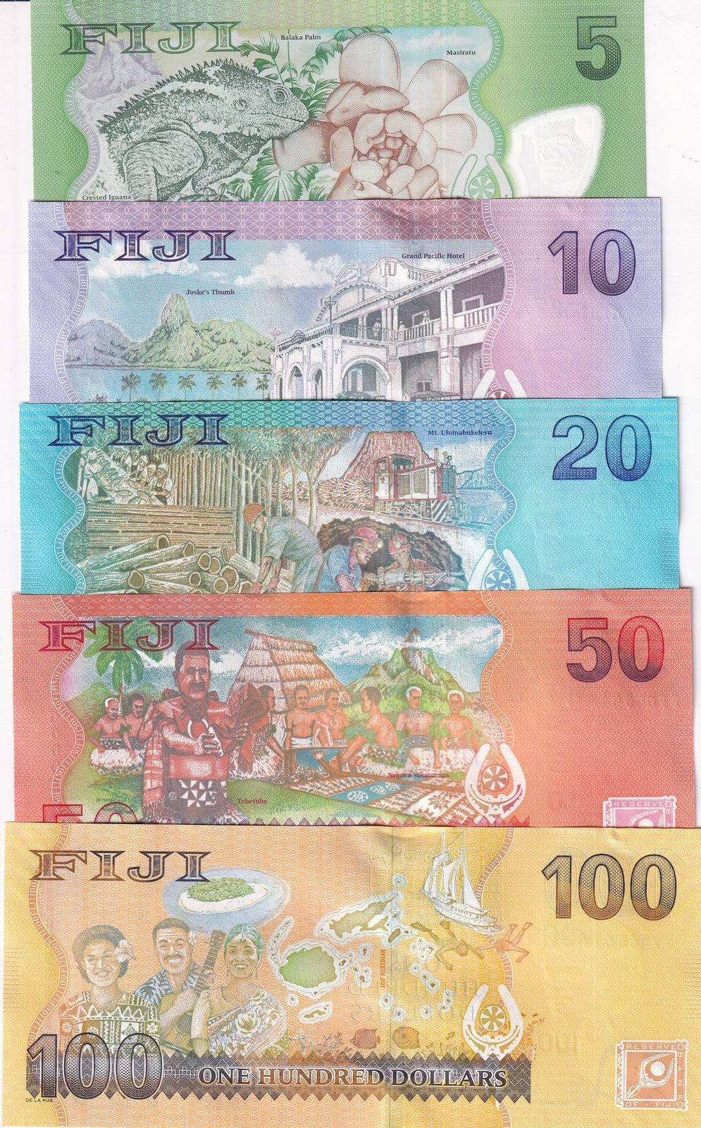 Fiji Set 5 UNC 5 10 20 50 100 Dollars 2013-2022 P 115 116 117 118 119