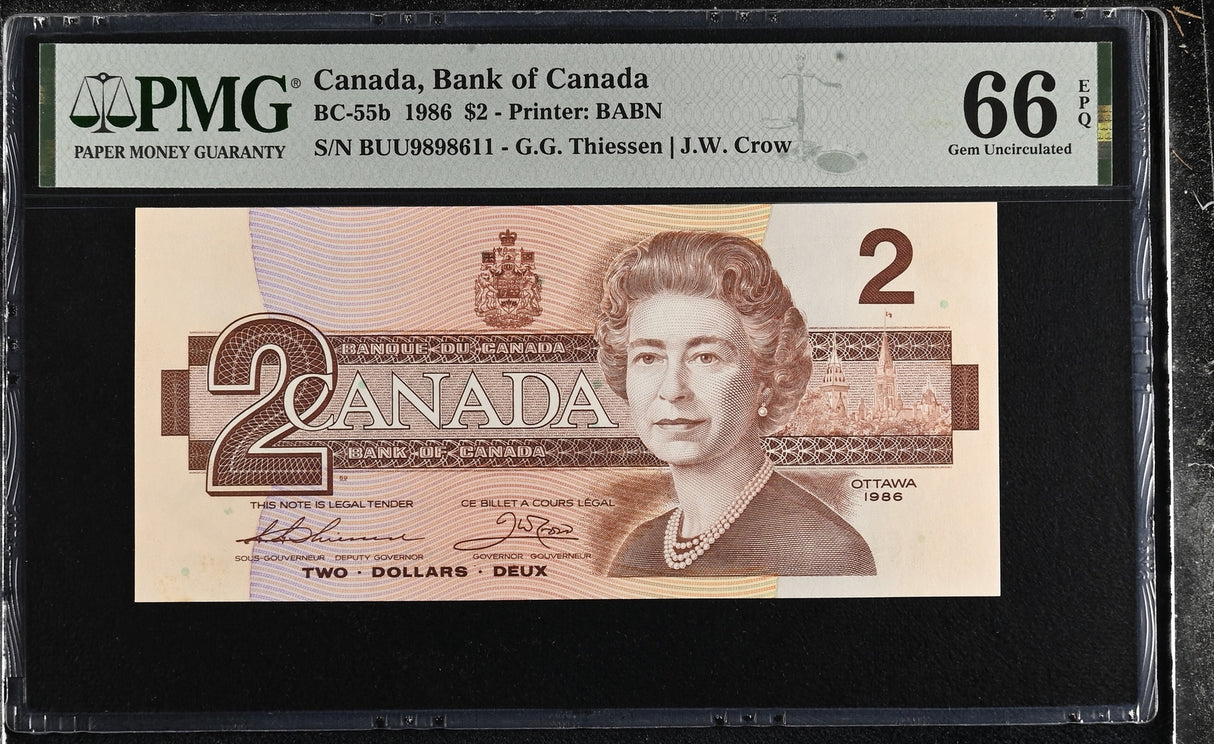 Canada 2 Dollars 1986 P 94 Thiessen Crow BC-55b Gem UNC PMG 66 EPQ