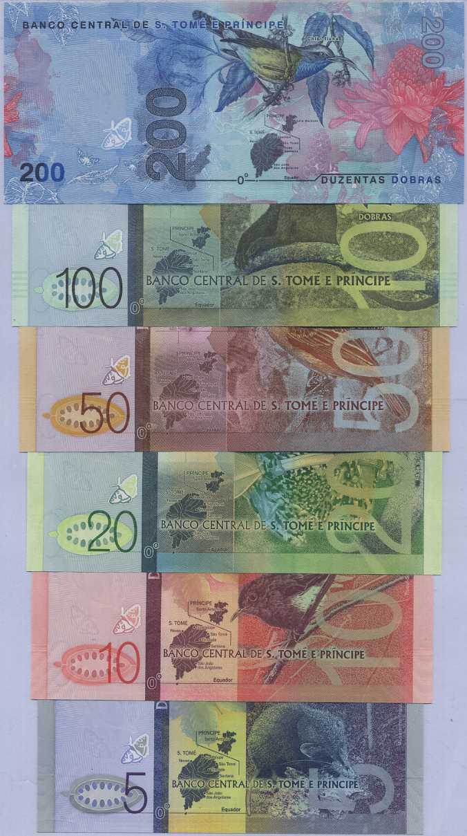 Saint Thomas & Prince Set 6 UNC 5-100 200 Dobras 2016-20/2021 P 72-78 All Paper