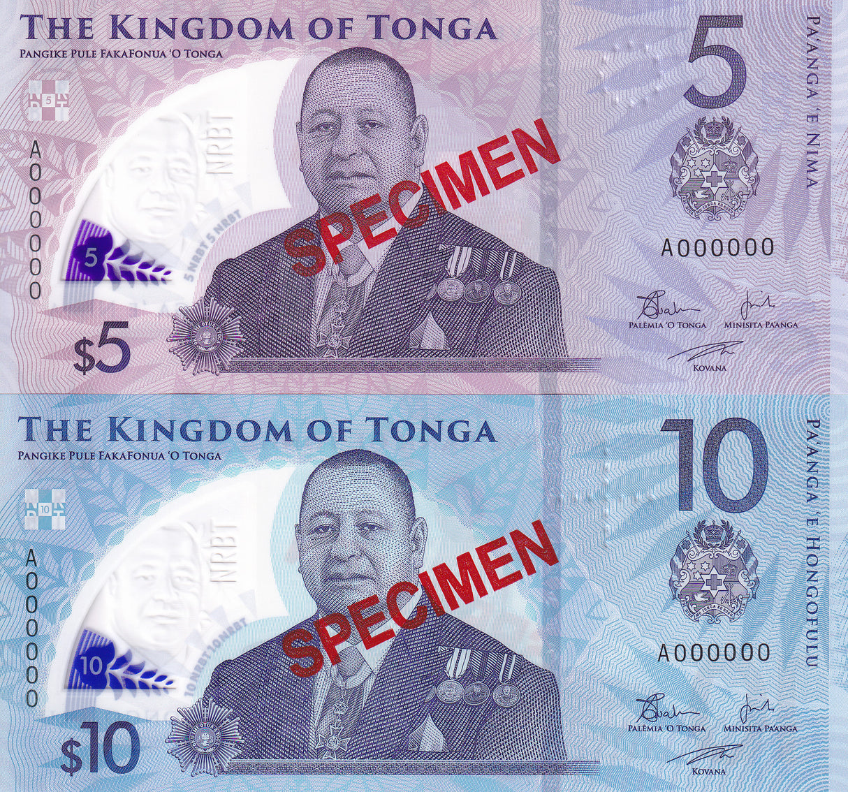 Tonga Set 2 UNC 5 10 Pa'anga ND 2023 P 51 52 SPECIMEN Polymer UNC