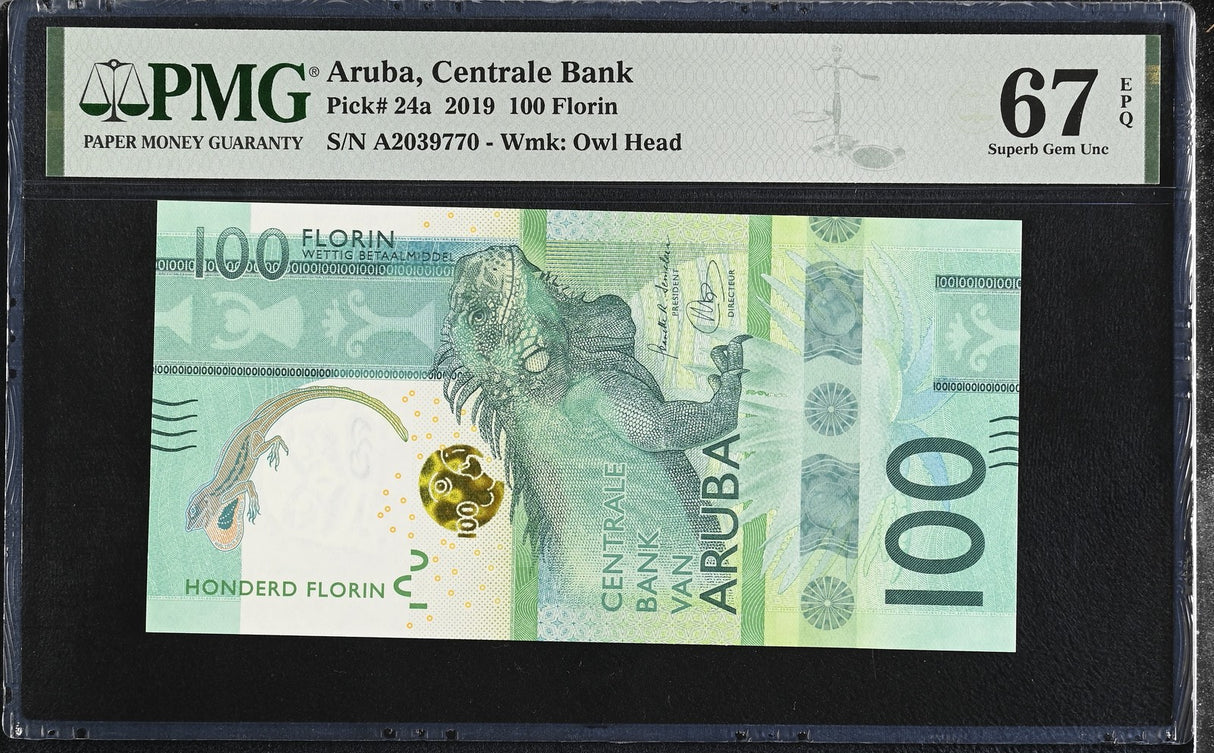 Aruba 100 Florins 2019 P 24 a Iguana verde Superb Gem UNC PMG 67 EPQ