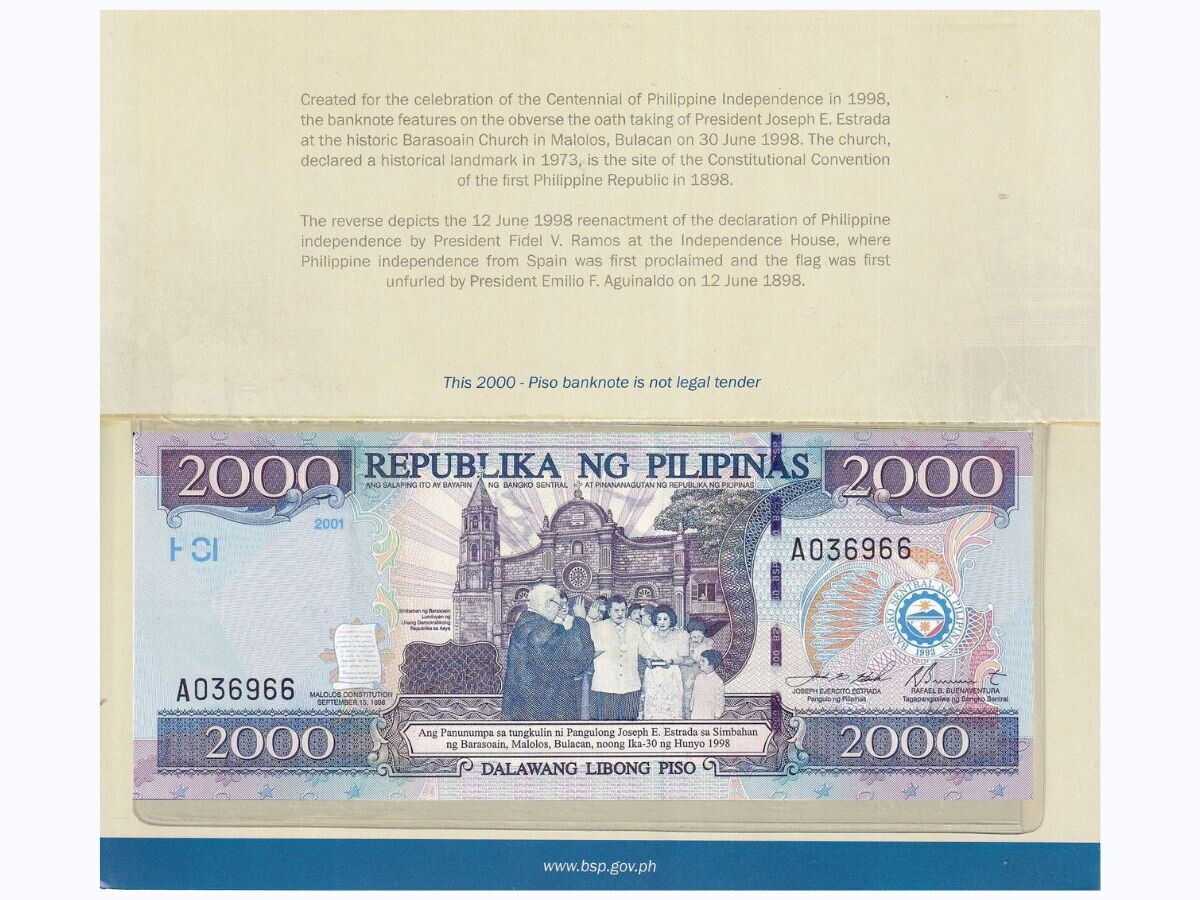 Philippines 2000 Piso 2001 Commemorative Centennial P 189 c UNC With Folder