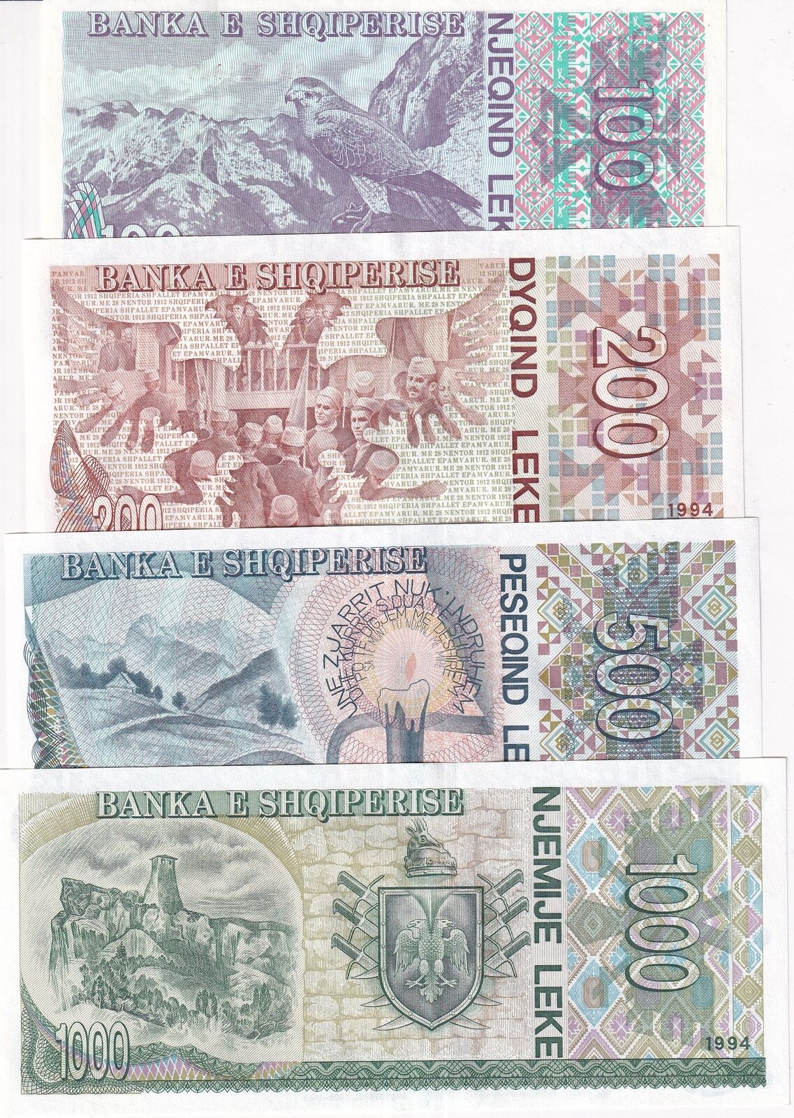 Albania Set 4 Pcs 100 200 500 1000 Leke 1994 P 55 P 56 P 57 P 58 UNC