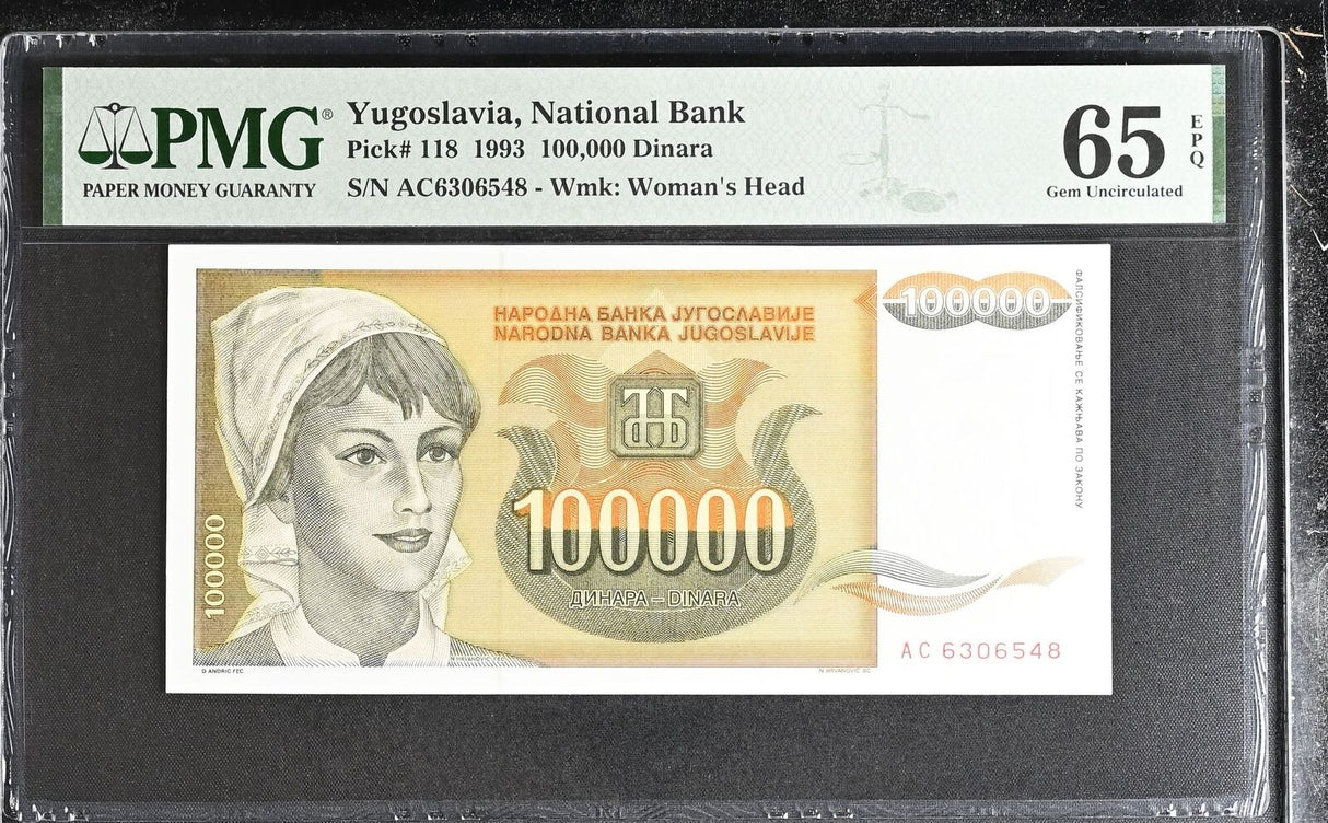 Yugoslavia 100000 Dinara 1993 P 118 Gem UNC PMG 65 EPQ