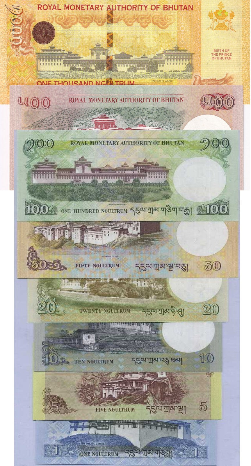 Bhutan Set 8 UNC 1 5 10 20 50 100 500 1000 N 2013-2021 P 27 -33 36(Comm.)
