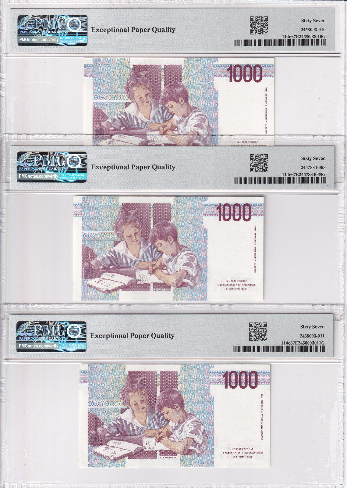 Italy Lot 3; 1000 Lire 1990 P 114 c Superb Gem UNC PMG 67 EPQ