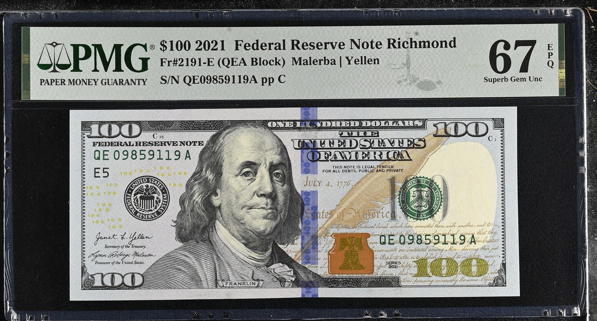 United States 100 Dollars USA 2021 P 555 E Richmond Superb Gem UNC PMG 67 EPQ