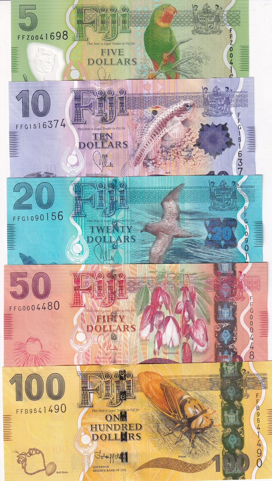 Fiji Set 5 UNC 5 10 20 50 100 Dollars 2013-2022 P 115 116 117 118 119