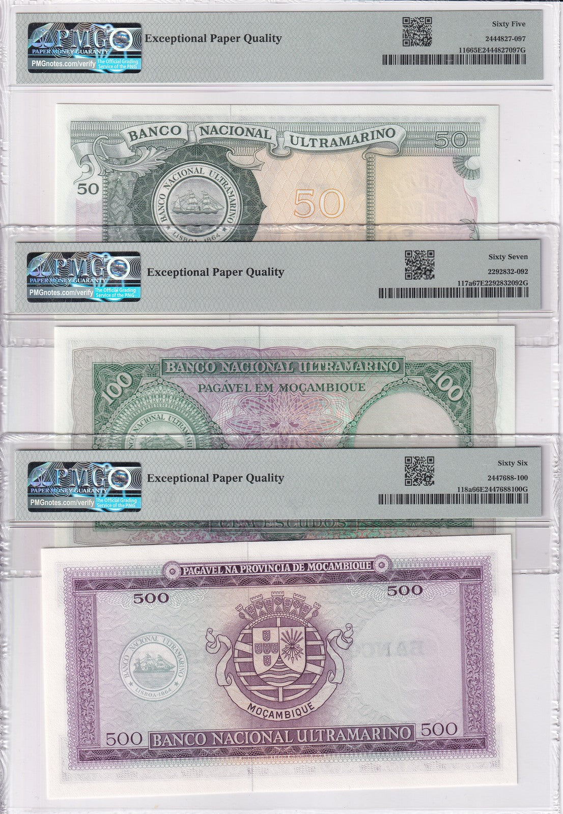 Mozambique Set 3; 50 100 500 Escudos 1976 P 116 117 118 Gem UNC PMG 65 66 67 EPQ