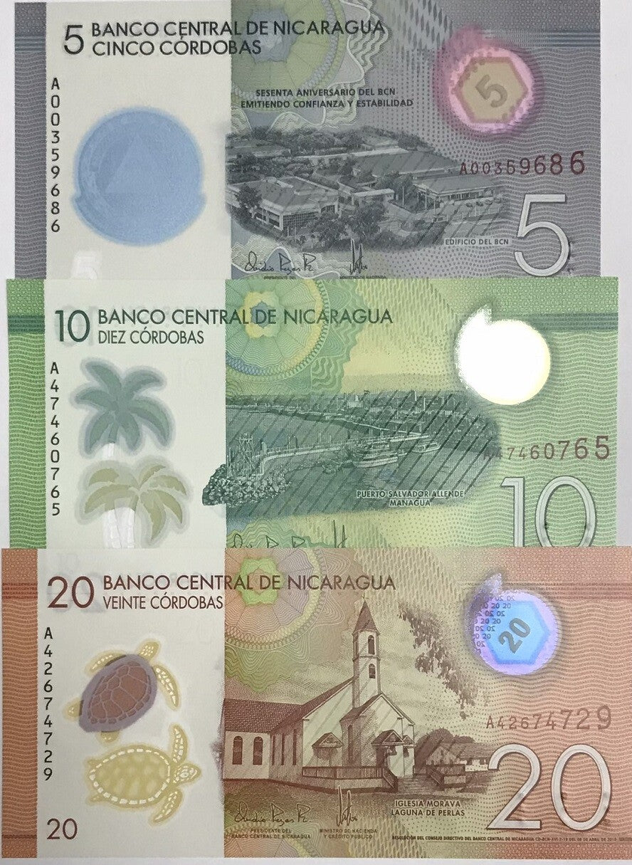 Nicaragua Set 3 Pcs 5 10 20 Cordobas 2019-2022 P 209 210 219 Polymer UNC