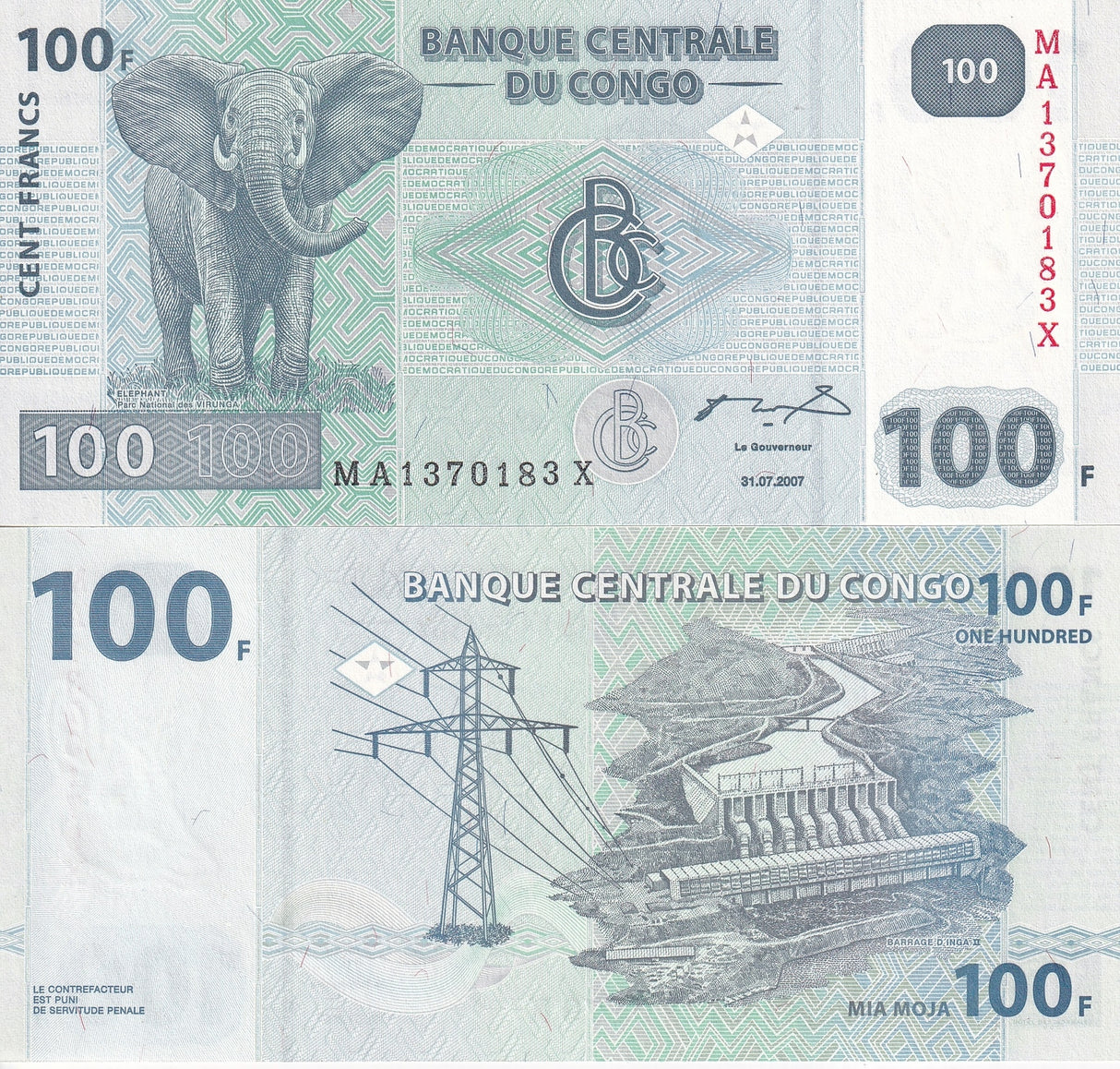 Congo 100 Francs 2007 P 98 UNC