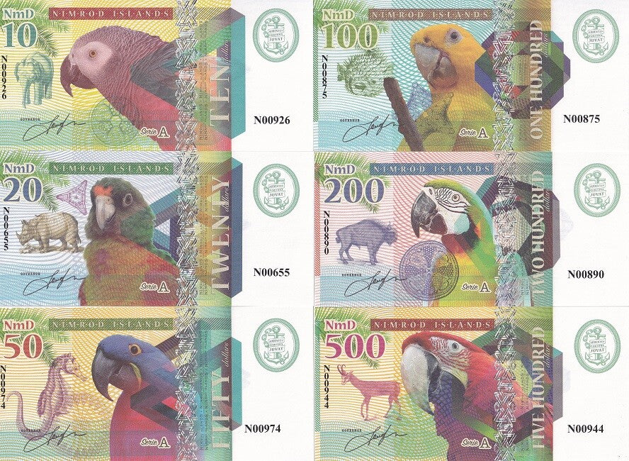Nimrod Islands Set 6 10 20 50 100 200 500 Dollars 2018 Ababeel Parrot Fantasy