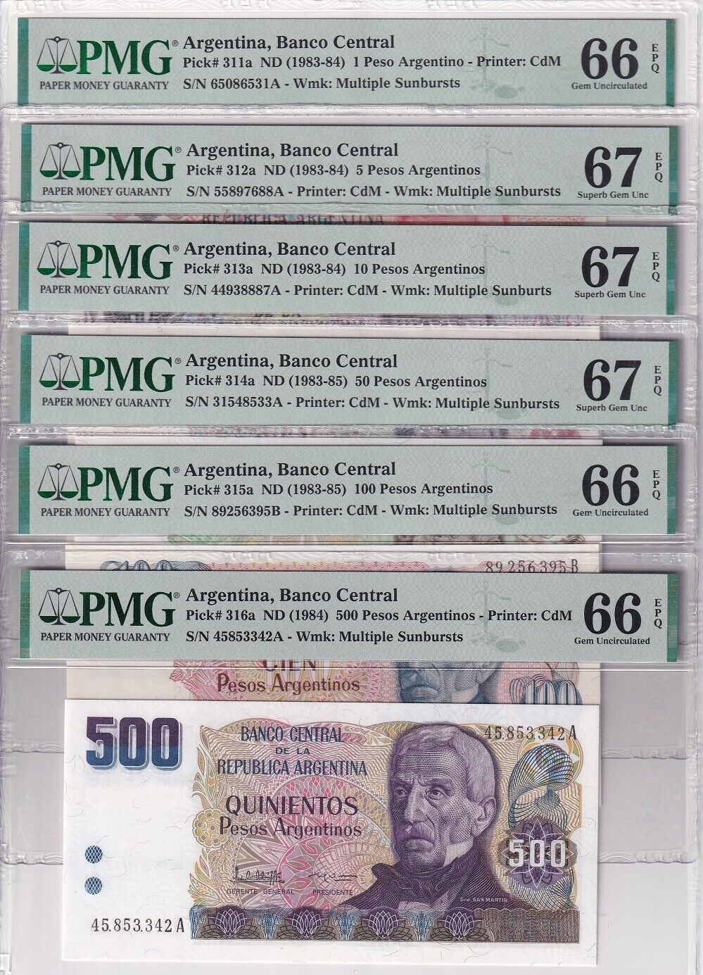 Argentina Set 6; 1 5 10-500 Pesos ND 1983 P 311-316 Superb Gem UNC PMG 66 67 EPQ